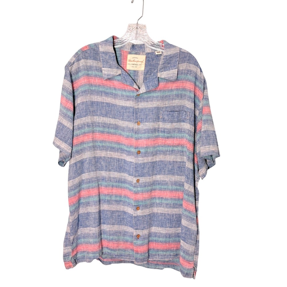 Men Striped Linen Cotton Button Down Short Sleeve Shirt XL Nautical Preppy Beach